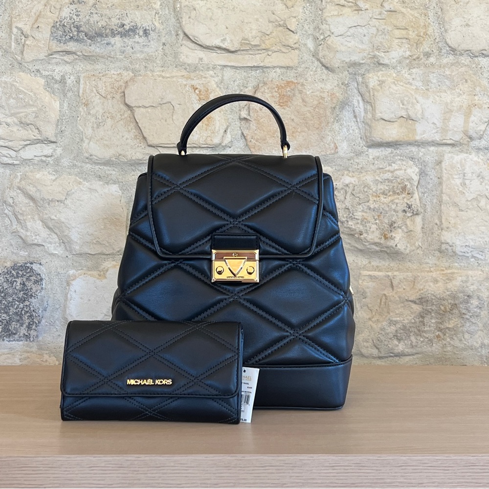 Michael Kors Serena quilted leather backpack handbag&wallet Black NWT